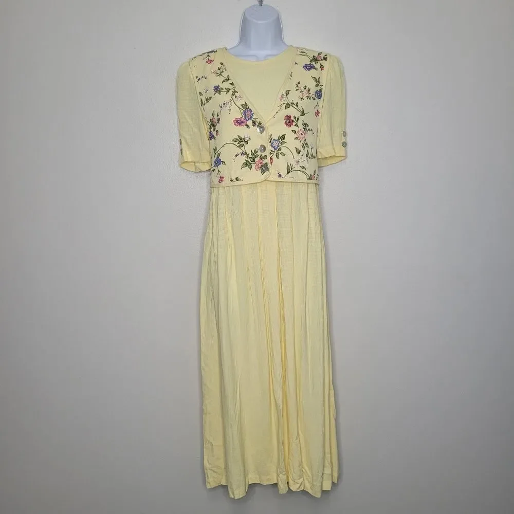 Vintage butter yellow maxi flower embroidery attached vest dress size 8p